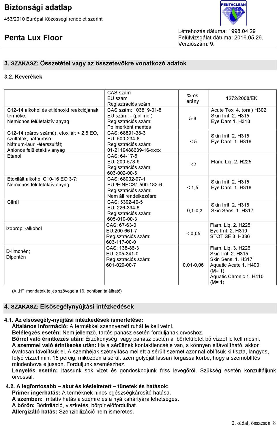 felületaktív anyag CAS szám EU szám Regisztrációs szám CAS szám: 103819-01-8 EU szám: - (polimer) Polimerként mentes CAS: 68891-38-3 EU: 500-234-8 01-2119488639-16-xxxx Etanol CAS: 64-17-5 EU: