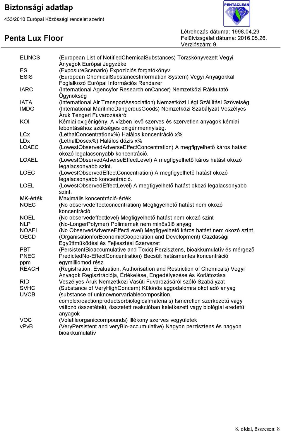 Szállítási Szövetség IMDG (International MaritimeDangerousGoods) Nemzetközi Szabályzat Veszélyes Áruk Tengeri Fuvarozásáról KOI Kémiai oxigénigény.