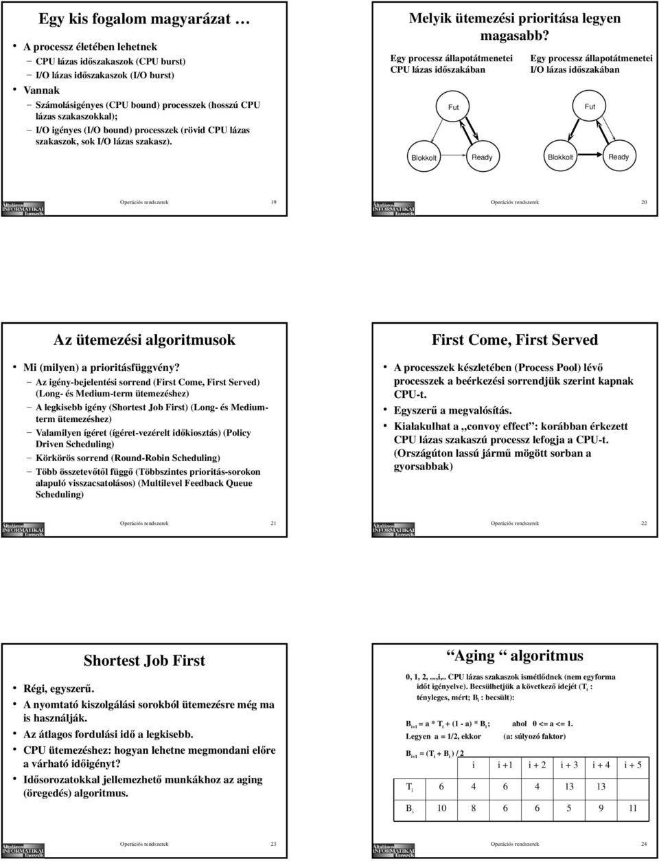 Egy processz állapotátmenetei CPU lázas id szakában Blokkolt Fut Ready Egy processz állapotátmenetei I/O lázas id szakában Blokkolt Fut Ready Operációs rendszerek 19 Operációs rendszerek 20 Az