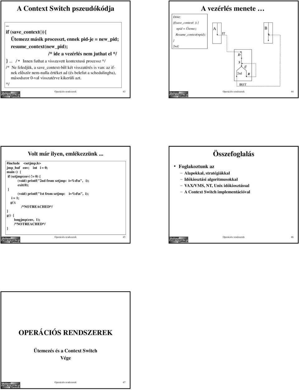 */ Operációs rendszerek 43 A vezérlés menete Dönt; if(save_context( )) { npid = Ütemez; A B Resume_context(npid); IT 2nd; D S Ü 2nd R IRET rendszerek Operációs 44 Volt már ilyen, emlékezzünk #include