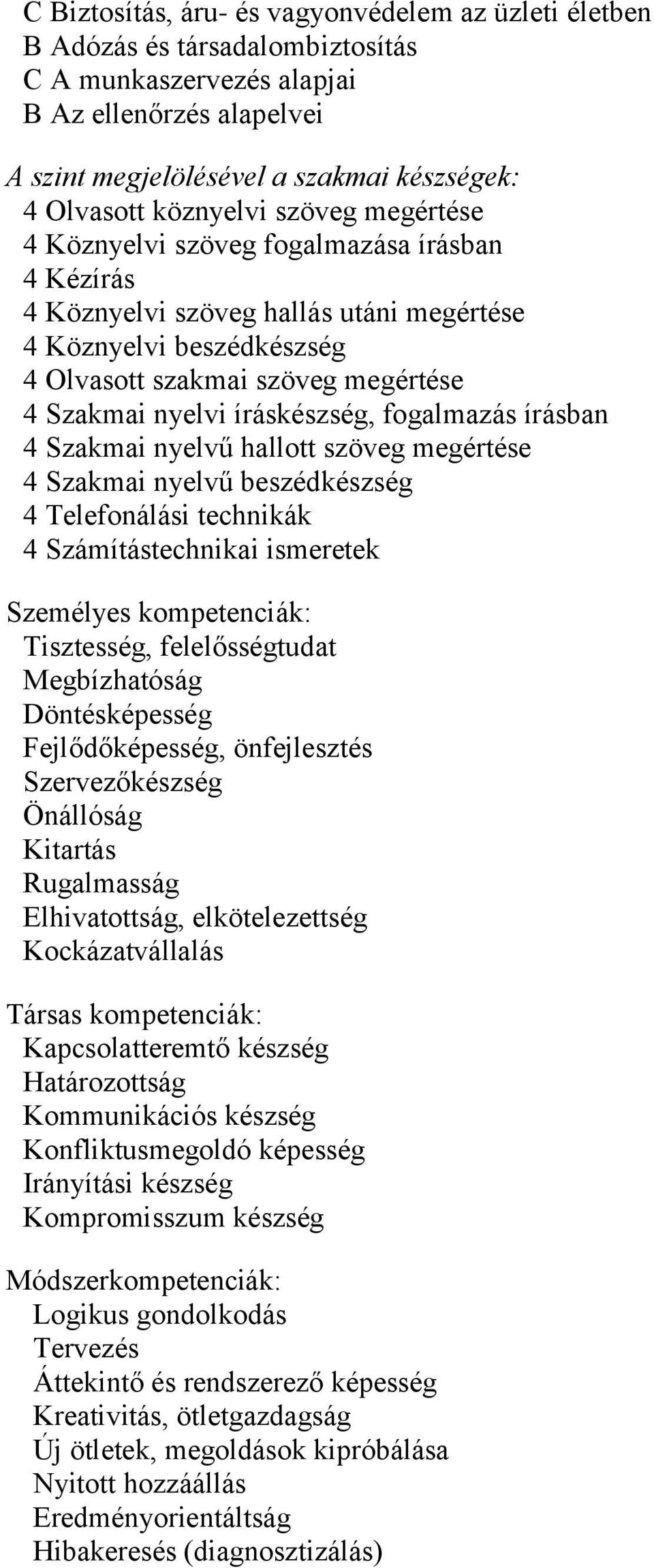 íráskészség, fogalmazás írásban 4 Szakmai nyelvű hallott szöveg megértése 4 Szakmai nyelvű beszédkészség 4 Telefonálási technikák 4 Számítástechnikai ismeretek Személyes kompetenciák: Tisztesség,