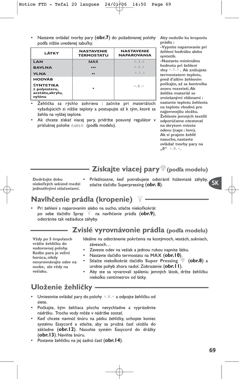 ie teploty a postupujte aï k t m, ktoré sa Ïehlia na vy ej teplote. Ak chcete získaè viacej pary, pridrïte posuvn regulátor v príslu nej polohe (podºa modelu).