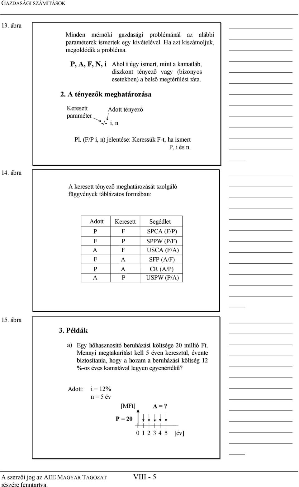 (F/ i, n) jelentése: Keressük F-t, ha ismert, i és n. keresett tényező meghatározását szolgáló függvények táblázatos formában: 3.