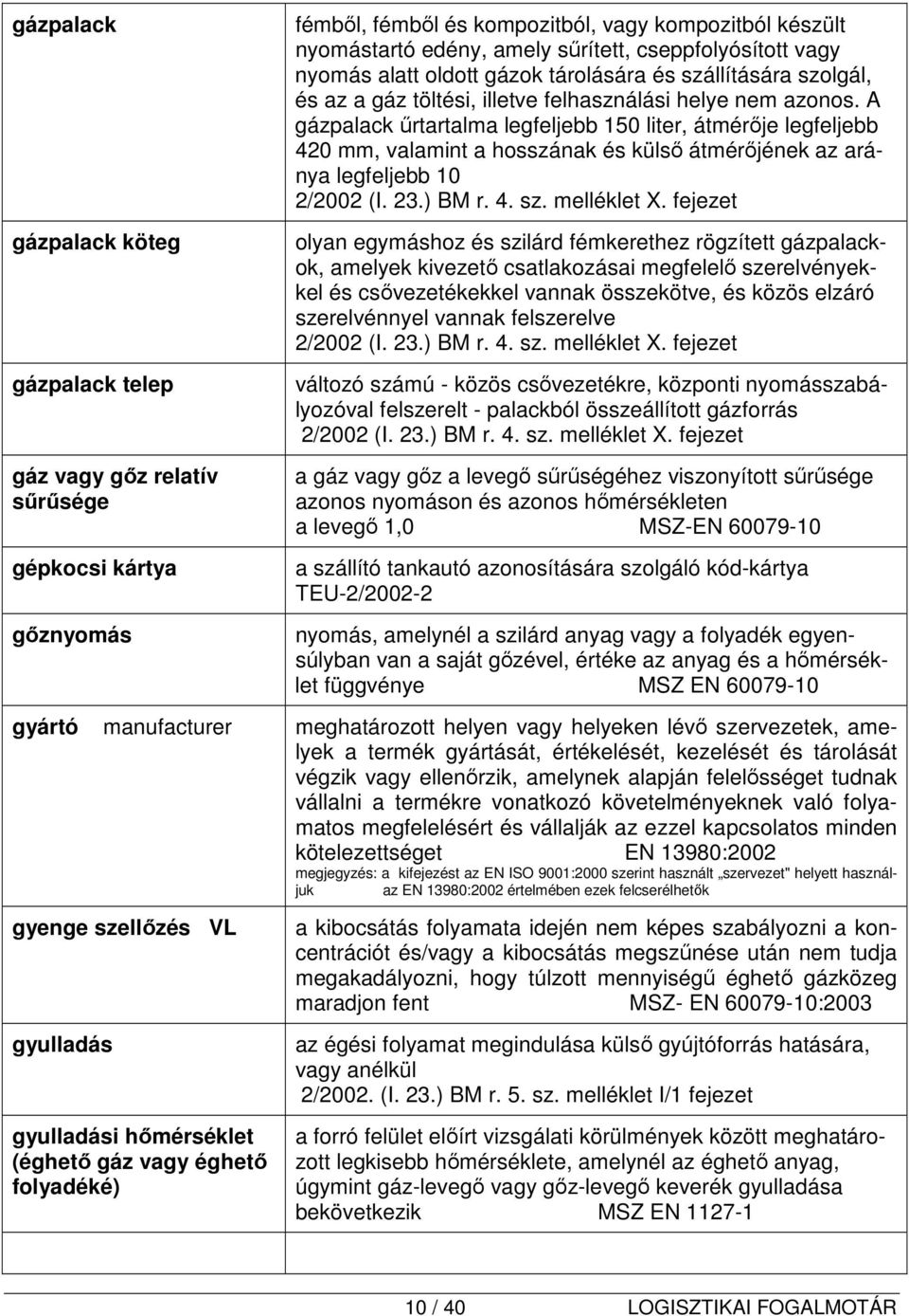 A gázpalack űrtartalma legfeljebb 150 liter, átmérője legfeljebb 420 mm, valamint a hosszának és külső átmérőjének az aránya legfeljebb 10 2/2002 (I. 23.) BM r. 4. sz. melléklet X.