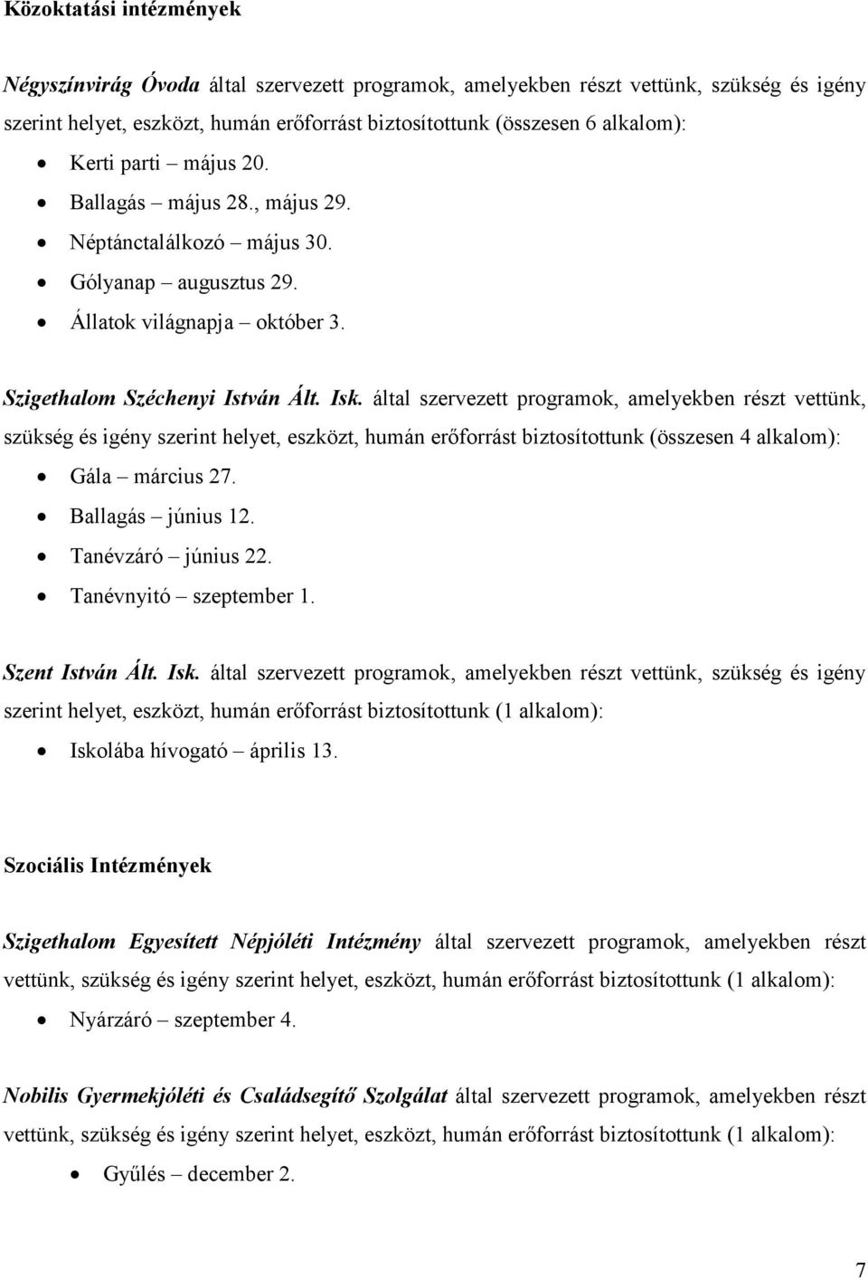által szervezett programok, amelyekben részt vettünk, szükség és igény szerint helyet, eszközt, humán erőforrást biztosítottunk (összesen 4 alkalom): Gála március 27. Ballagás június 12.