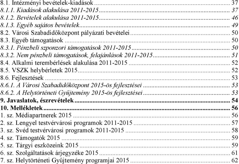.. 52 8.5. VSZK helybérletek 2015... 52 8.6. Fejlesztések... 53 8.6.1. A Városi Szabadidőközpont 2015-ös fejlesztései... 53 8.6.2. A Helytörténeti Gyűjtemény 2015-ös fejlesztései... 53 9.