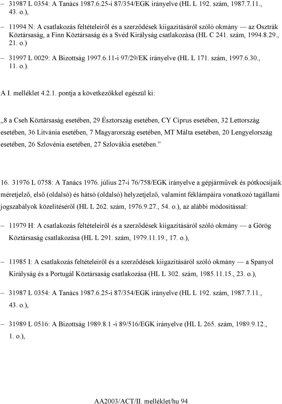 6.11-i 97/29/EK irányelve (HL L 171. szám, 1997.6.30., 11. o.). A I. melléklet 4.2.1. pontja a következőkkel egészül ki: 8 a Cseh Köztársaság esetében, 29 Észtország esetében, CY Ciprus esetében, 32