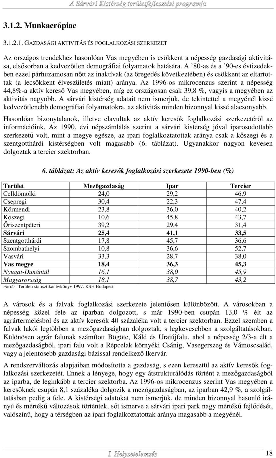 Az 1996-os mikrocenzus szerint a népesség 44,8%-a aktív kereső Vas megyében, míg ez országosan csak 39,8 %, vagyis a megyében az aktivitás nagyobb.