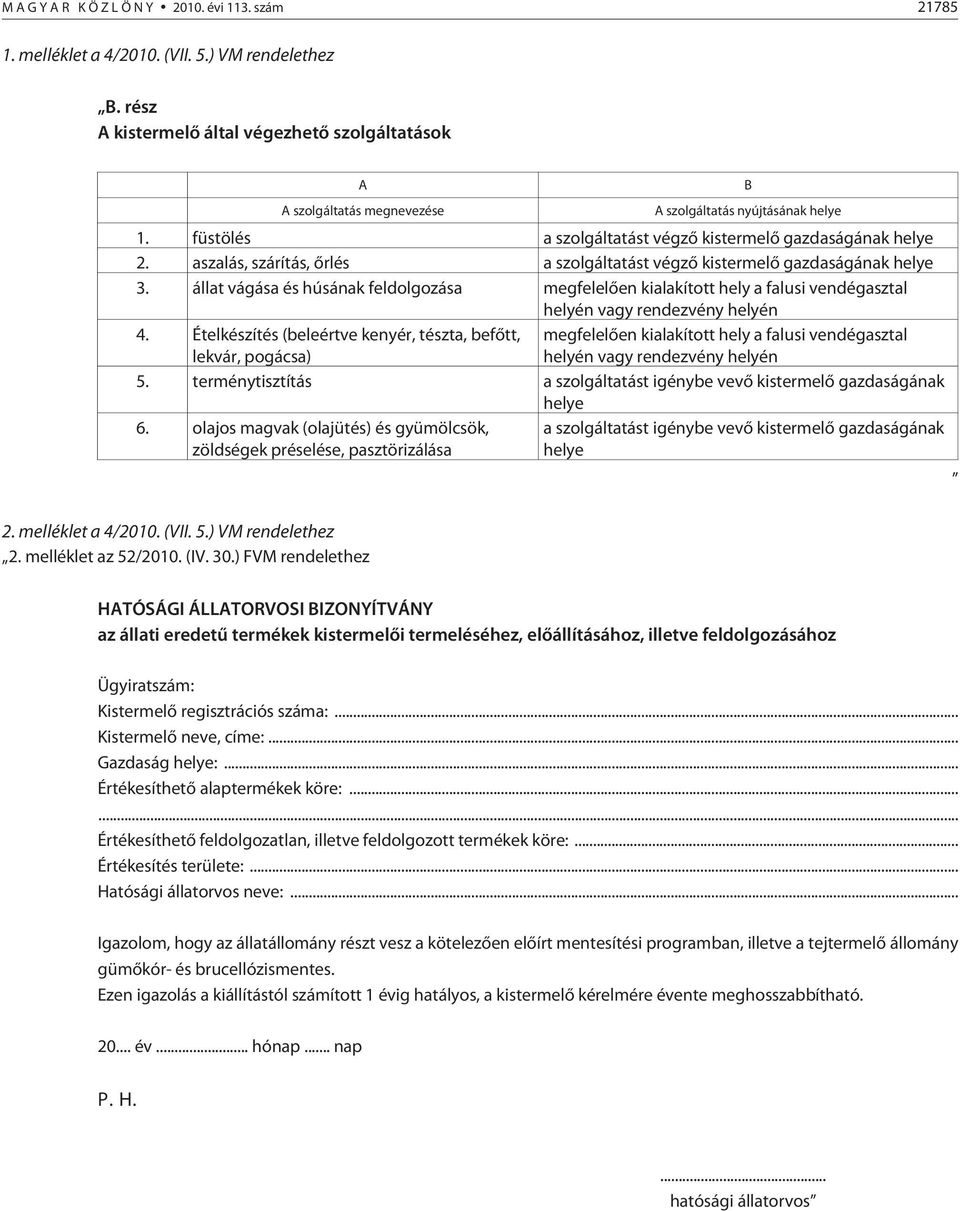 aszalás, szárítás, õrlés a szolgáltatást végzõ kistermelõ gazdaságának helye 3. állat vágása és húsának feldolgozása megfelelõen kialakított hely a falusi vendégasztal helyén vagy rendezvény helyén 4.