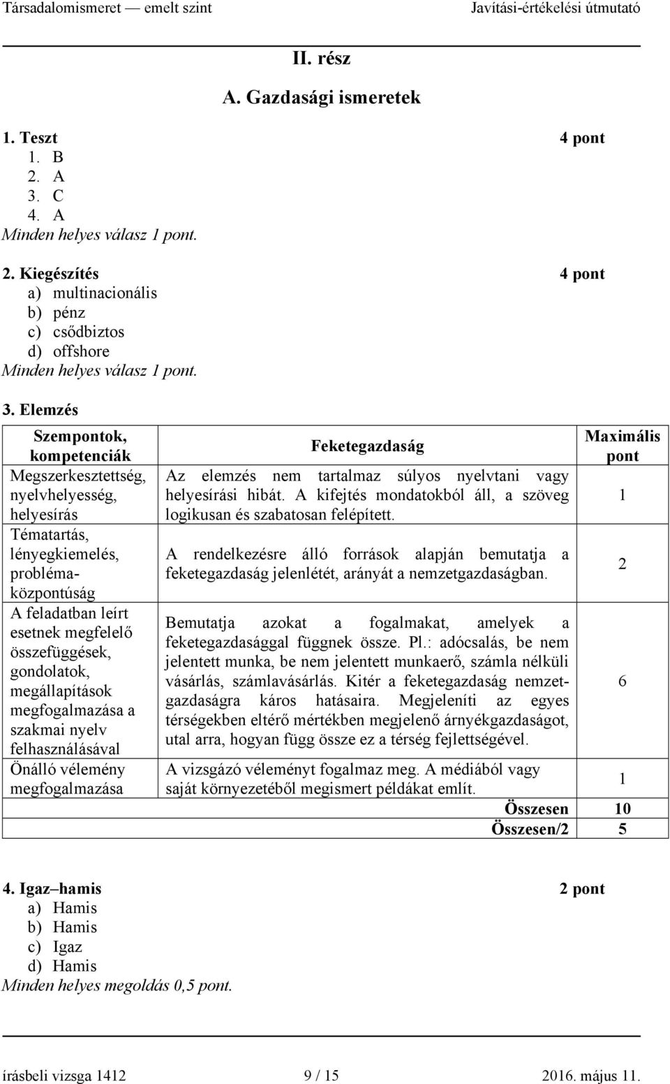 Elemzés Tématartás, lényegkiemelés, problémaközúság A feladatban leírt esetnek megfelelő összefüggések, megfogalmazása a szakmai nyelv felhasználásával Önálló vélemény megfogalmazása Feketegazdaság