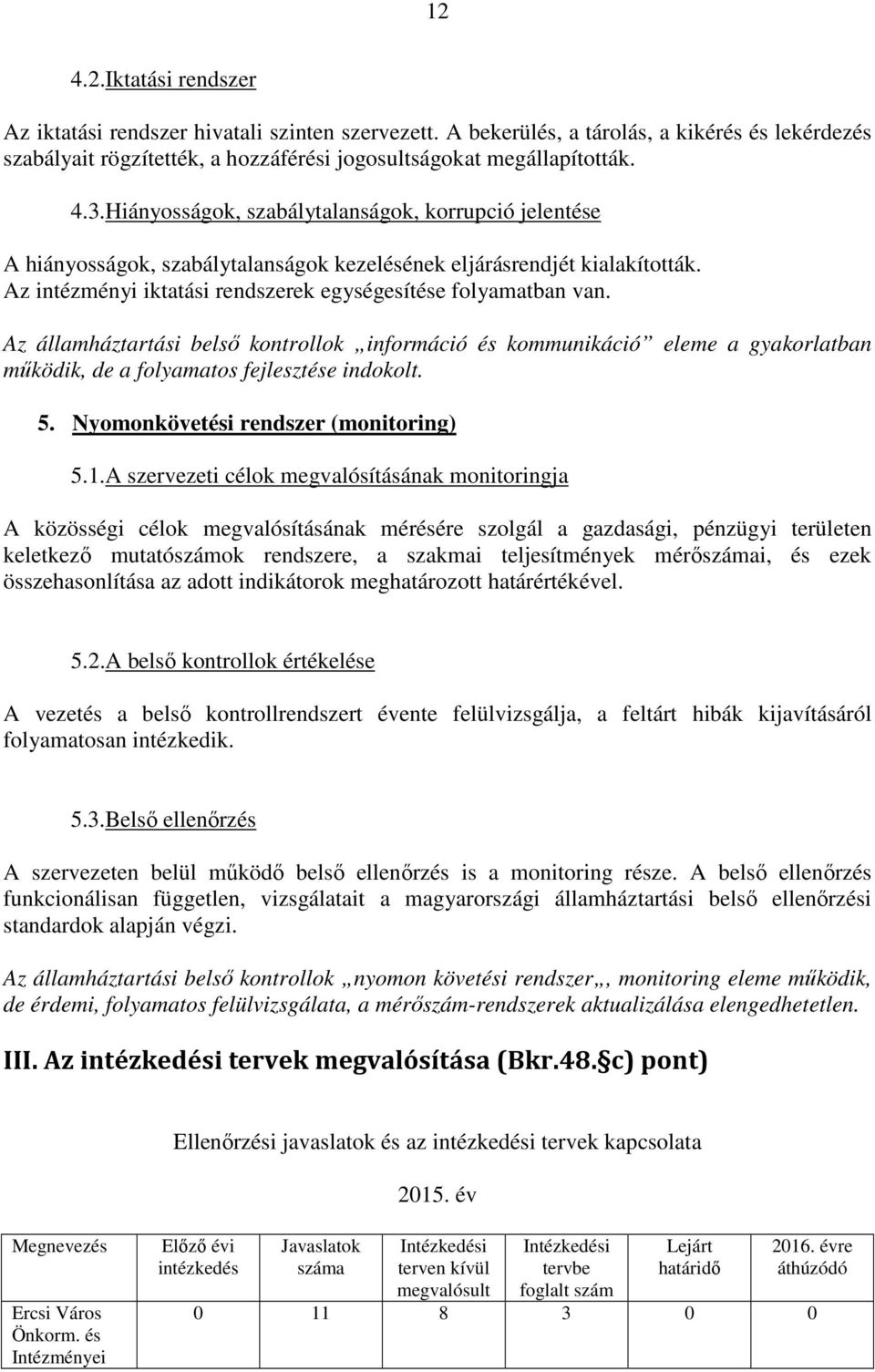 Az államháztartási belső kontrollok információ és kommunikáció eleme a gyakorlatban működik, de a folyamatos fejlesztése indokolt. 5. Nyomonkövetési rendszer (monitoring) 5.1.