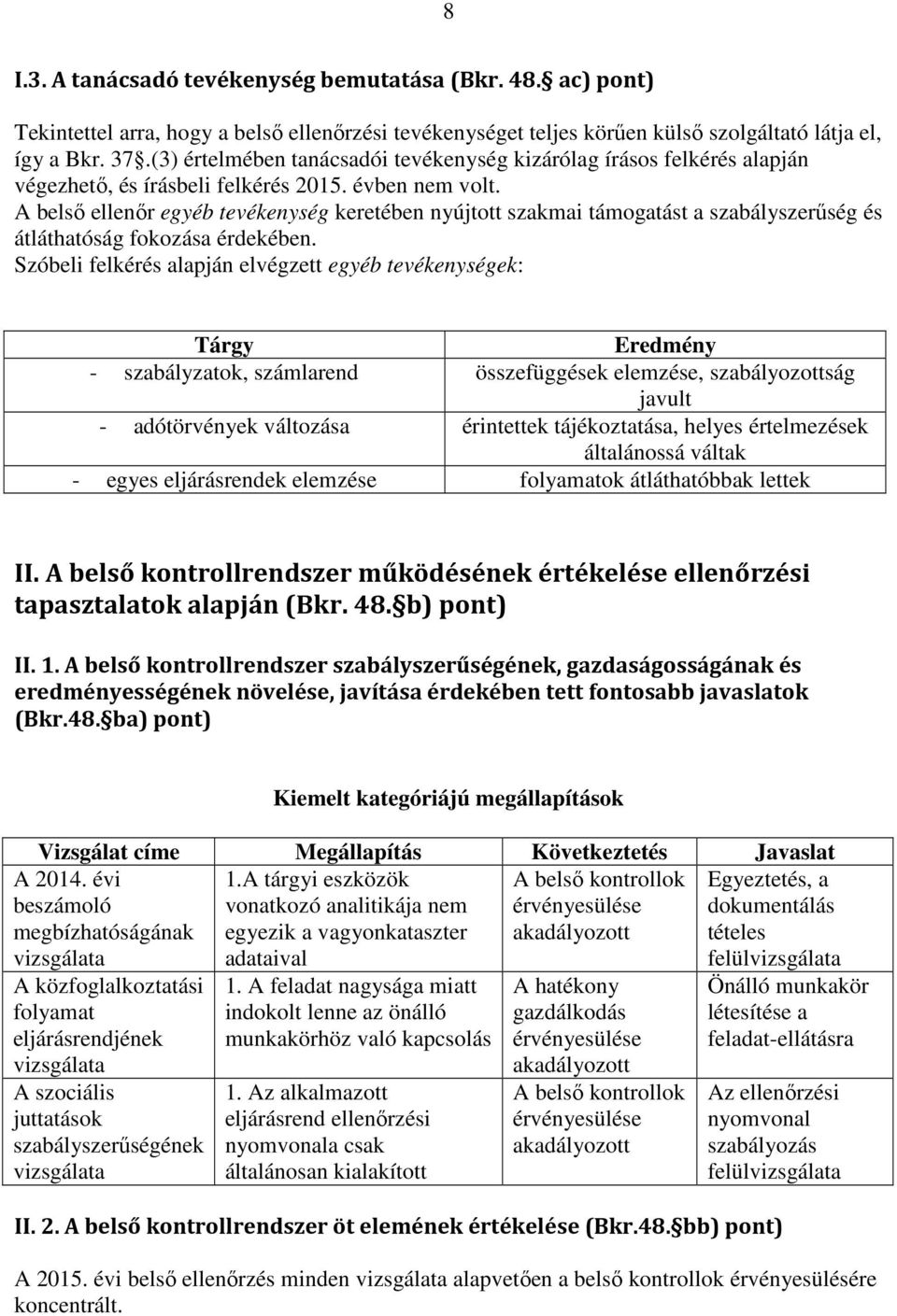 A belső ellenőr egyéb tevékenység keretében nyújtott szakmai támogatást a szabályszerűség és átláthatóság fokozása érdekében.