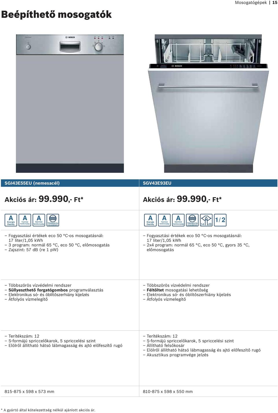 50 C, előmosogatás Zajszint: 57 db (re 1 pw) Fogyasztási értékek eco 50 C-os mosogatásnál: 17 liter/1,05 kwh 2x4 program: normál 65 C, eco 50 C, gyors 35 C, előmosogatás Többszörös vízvédelmi