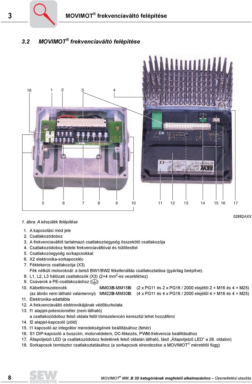 X2 elektronika-sorkapocsléc 17. Féktekercs csatlakozója (X3) Fék nélküli motoroknál: a belső BW1/BW2 fékellenállás csatlakoztatása (gyárilag beépítve). 18.