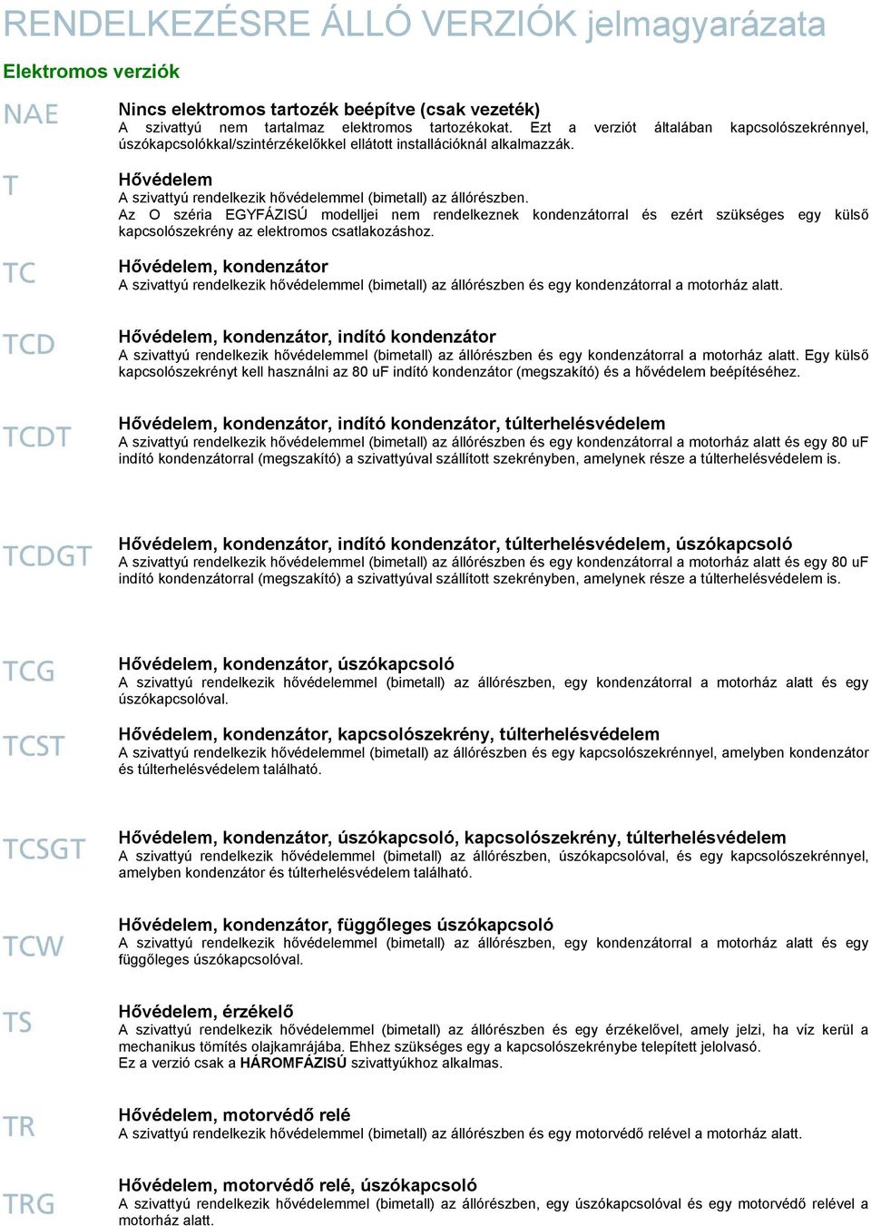 Az O széria EGYFÁZISÚ modelljei nem rendelkeznek kondenzátorral és ezért szükséges egy külső kapcsolószekrény az elektromos csatlakozáshoz.