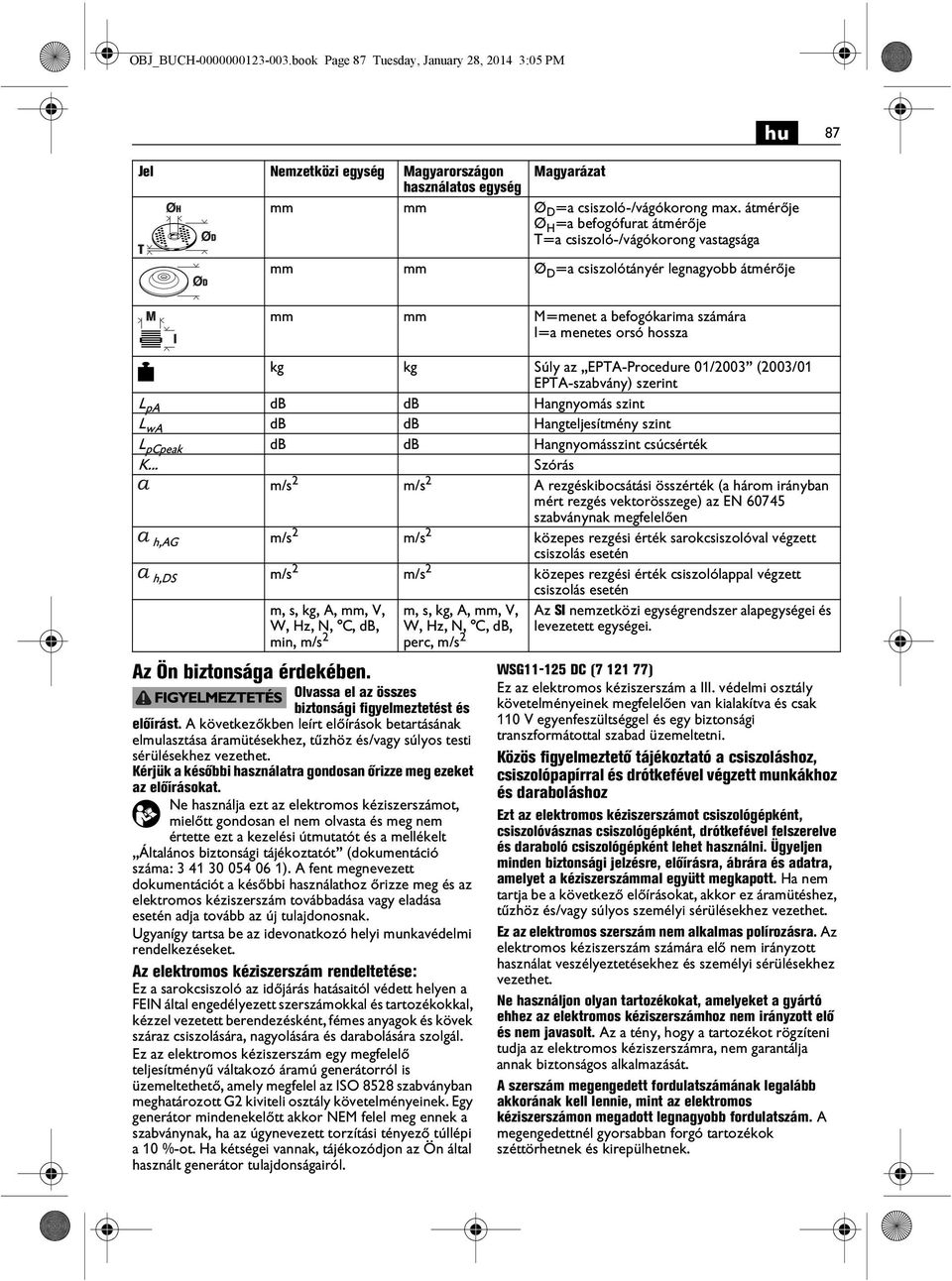 EPTA-Procedure 01/2003 (2003/01 EPTA-szabvány) szerint L pa db db Hangnyomás szint L wa db db Hangteljesítmény szint L pcpeak db db Hangnyomásszint csúcsérték K.