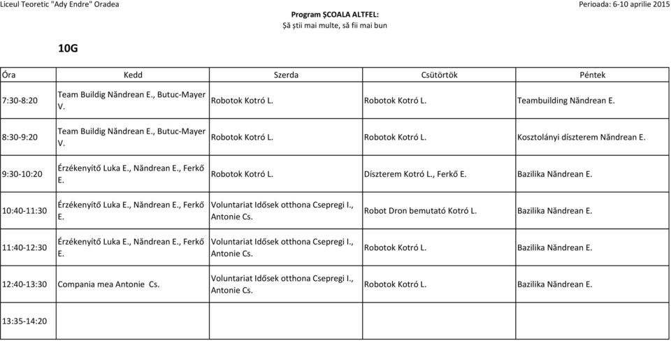 , Ferkő Bazilika Năndrean 10:40-11:30 Érzékenyítő Luka, Năndrean, Ferkő Voluntariat Idősek otthona Csepregi I., Antonie Cs. Robot Dron bemutató Kotró L.