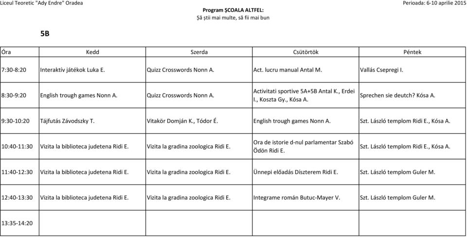 10:40-11:30 Vizita la biblioteca judetena Ridi Vizita la gradina zoologica Ridi Ora de istorie d-nul parlamentar Szabó Ödön Ridi Szt. László templom Ridi, Kósa A.