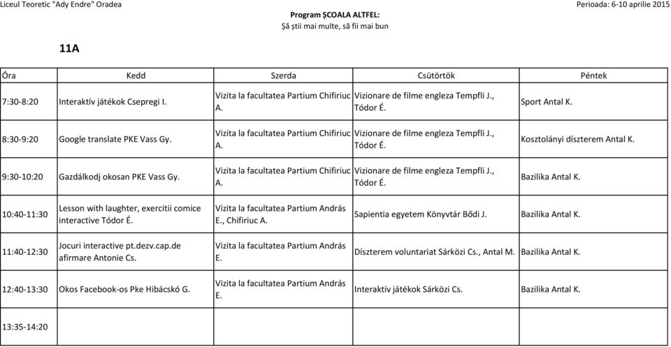 Kosztolányi díszterem Antal K. Bazilika Antal K. 10:40-11:30 Lesson with laughter, exercitii comice interactive Tódor É. Vizita la facultatea Partium András, Chifiriuc A.