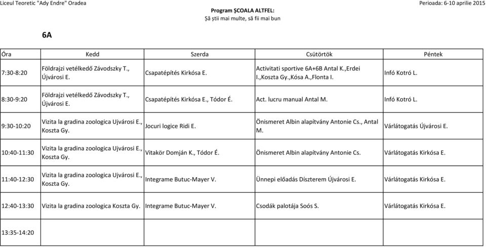 Jocuri logice Ridi Önismeret Albin alapítvány Antonie Cs., Antal M. Várlátogatás Újvárosi 10:40-11:30 11:40-12:30 Vizita la gradina zoologica Ujvárosi, Koszta Gy.