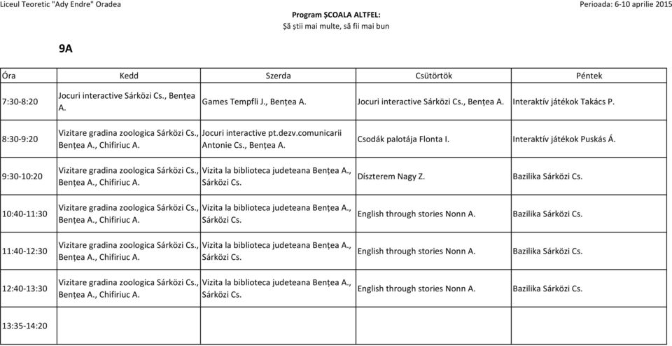 9:30-10:20 Vizitare gradina zoologica Sárközi Cs., Benţea A., Chifiriuc A. Vizita la biblioteca judeteana Benţea A., Sárközi Cs. Díszterem Nagy Z. Bazilika Sárközi Cs.