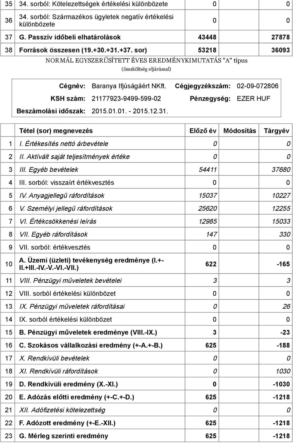 sor) 53218 36093 NORMÁL EGYSZERŰSÍTETT ÉVES EREDMÉNYKIMUTATÁS "A" típus (összköltség eljárással) Cégnév: KSH szám: Beszámolási időszak: Baranya Ifjúságáért NKft.