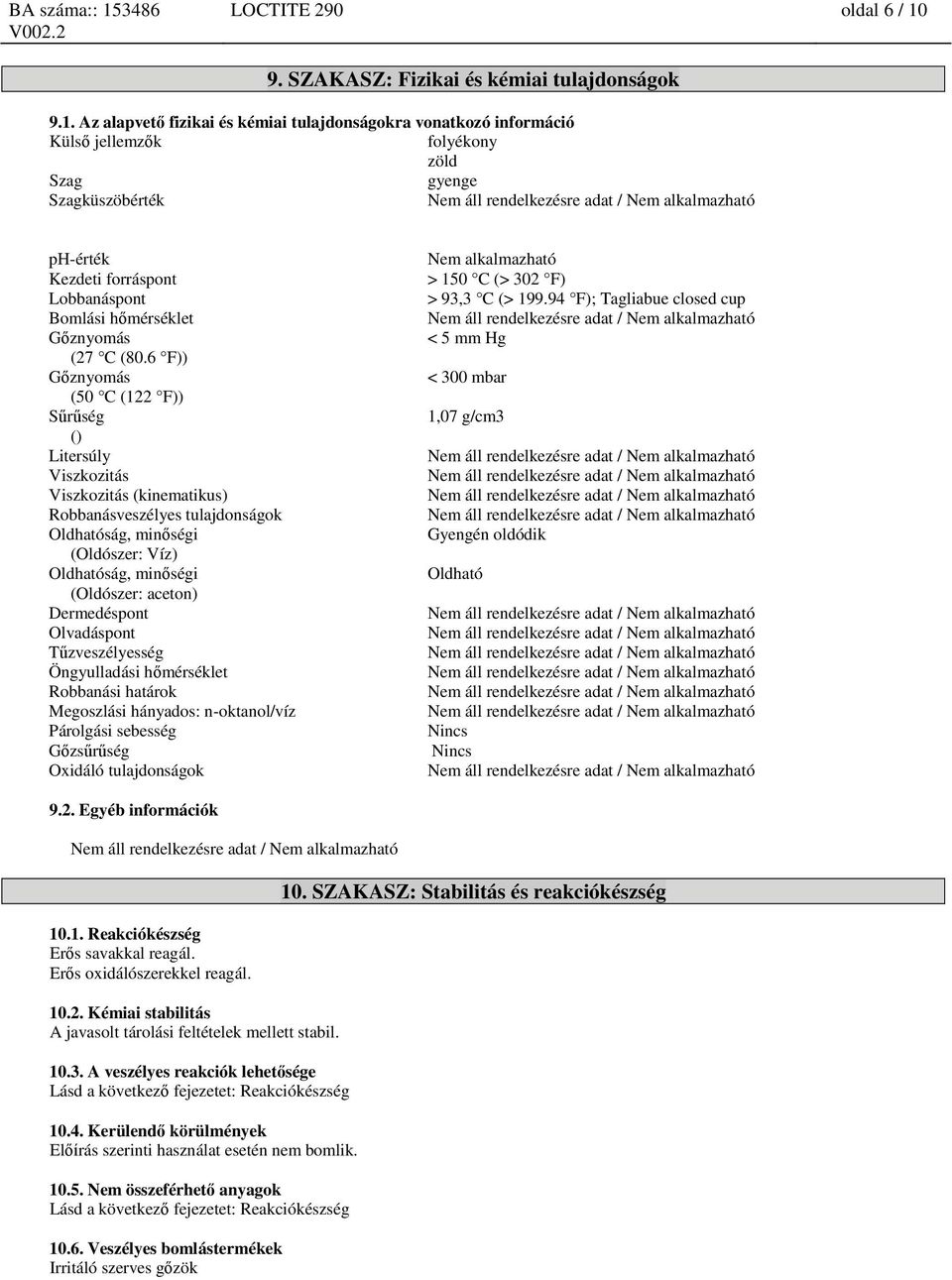 Az alapvető fizikai és kémiai tulajdonságokra vonatkozó információ Külső jellemzők folyékony zöld Szag gyenge Szagküszöbérték ph-érték Kezdeti forráspont Lobbanáspont Bomlási hőmérséklet Gőznyomás