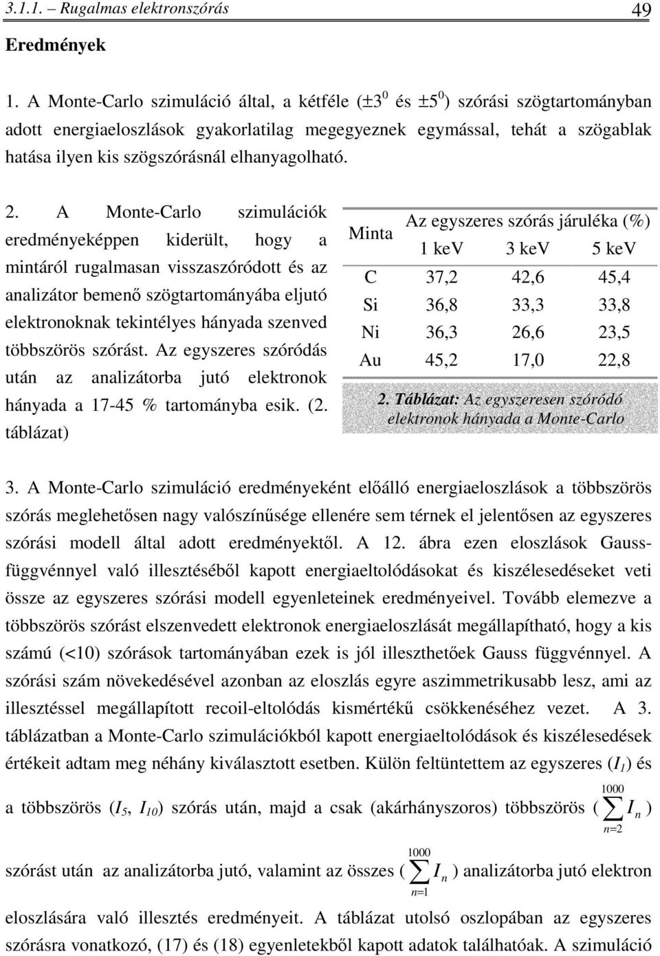 . A Mote-Carlo szimulációk eredméyeképpe kiderült, hogy a mitáról rugalmasa visszaszóródott és az aalizátor beme szögtartomáyába eljutó elektrookak tekitélyes háyada szeved többszörös szórást.