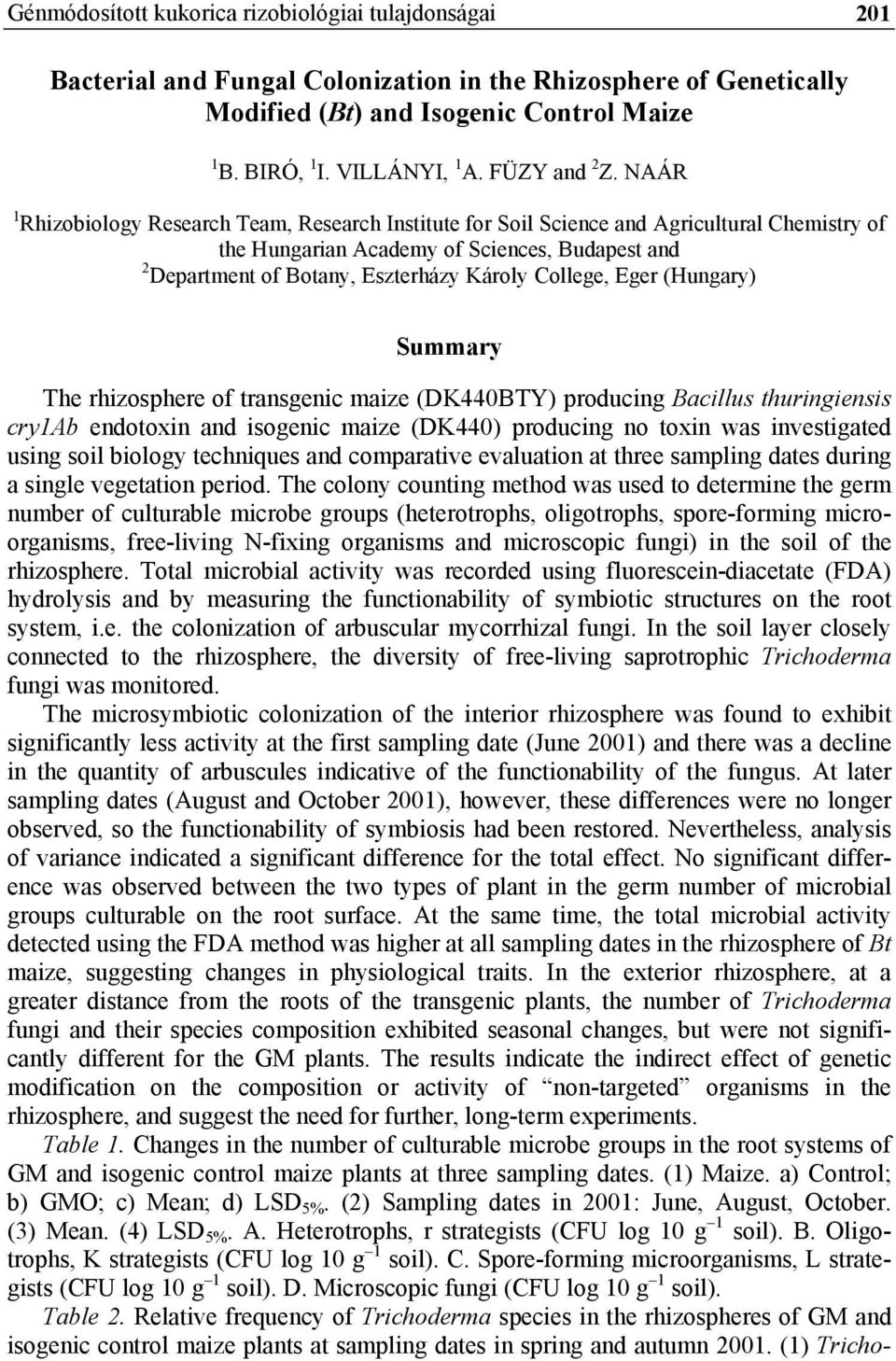 NAÁR 1 Rhizobiology Research Team, Research Institute for Soil Science and Agricultural Chemistry of the Hungarian Academy of Sciences, Budapest and 2 Department of Botany, Eszterházy Károly College,