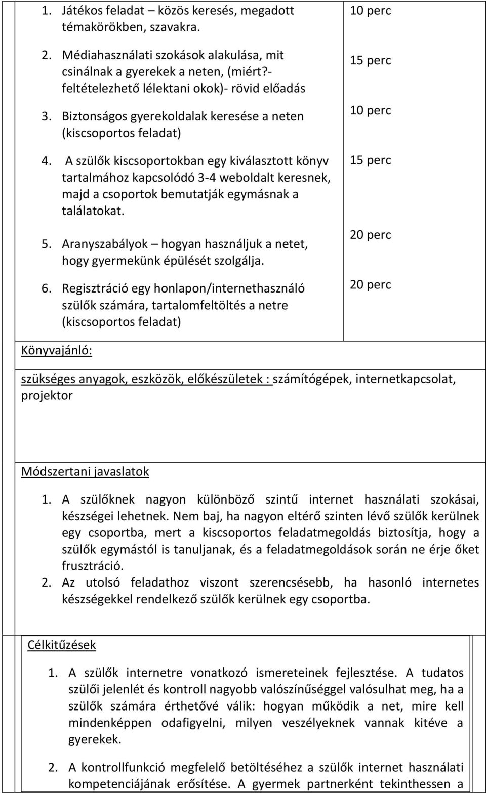 A szülők kiscsoportokban egy kiválasztott könyv tartalmához kapcsolódó 3-4 weboldalt keresnek, majd a csoportok bemutatják egymásnak a találatokat. 5.