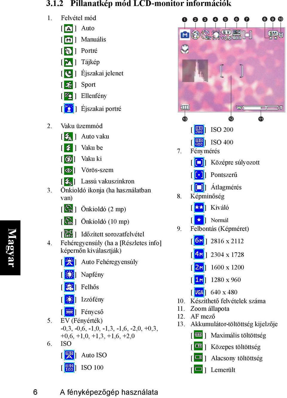 Fehéregyensúly (ha a [Részletes info] képernőn kiválasztják) Auto Fehéregyensúly Napfény Felhős Izzófény Fénycső 5.