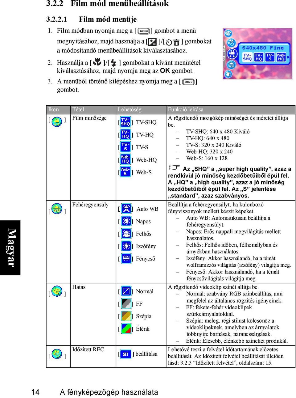 Ikon Tétel Lehetőség Funkció leírása Film minősége TV-SHQ TV-HQ TV-S Web-HQ Web-S Fehéregyensúly Hatás Időzített REC Auto WB Napos Felhős Izzófény Fénycső Normál FF Szépia Élénk beállítása A