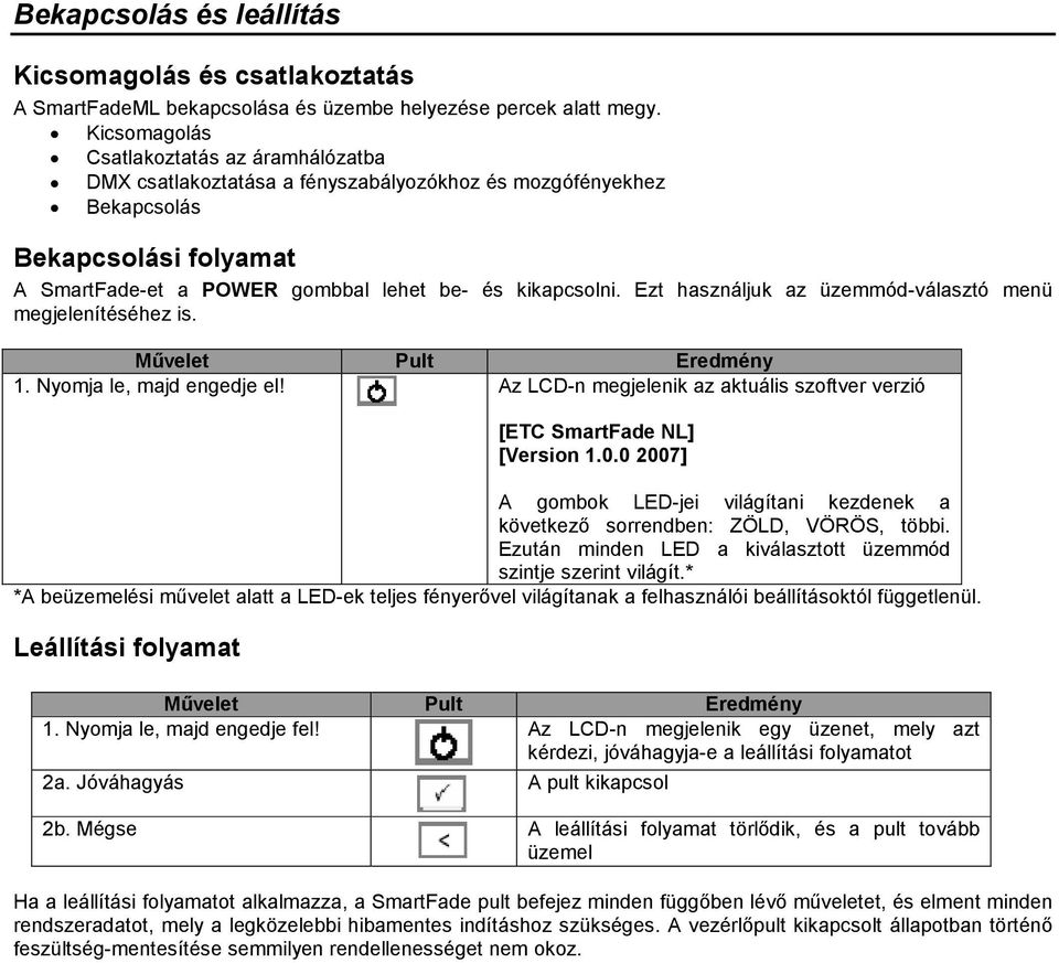 Ezt használjuk az üzemmód-választó menü megjelenítéséhez is. Művelet Pult Eredmény 1. Nyomja le, majd engedje el! Az LCD-n megjelenik az aktuális szoftver verzió [ETC SmartFade NL] [Version 1.0.