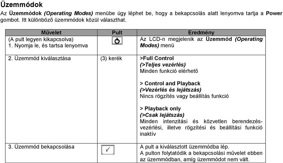 Üzemmód kiválasztása (3) kerék >Full Control (>Teljes vezérlés) Minden funkció elérhető Az LCD-n megjelenik az Üzemmód (Operating Modes) menü > Control and Playback (>Vezérlés és lejátszás)