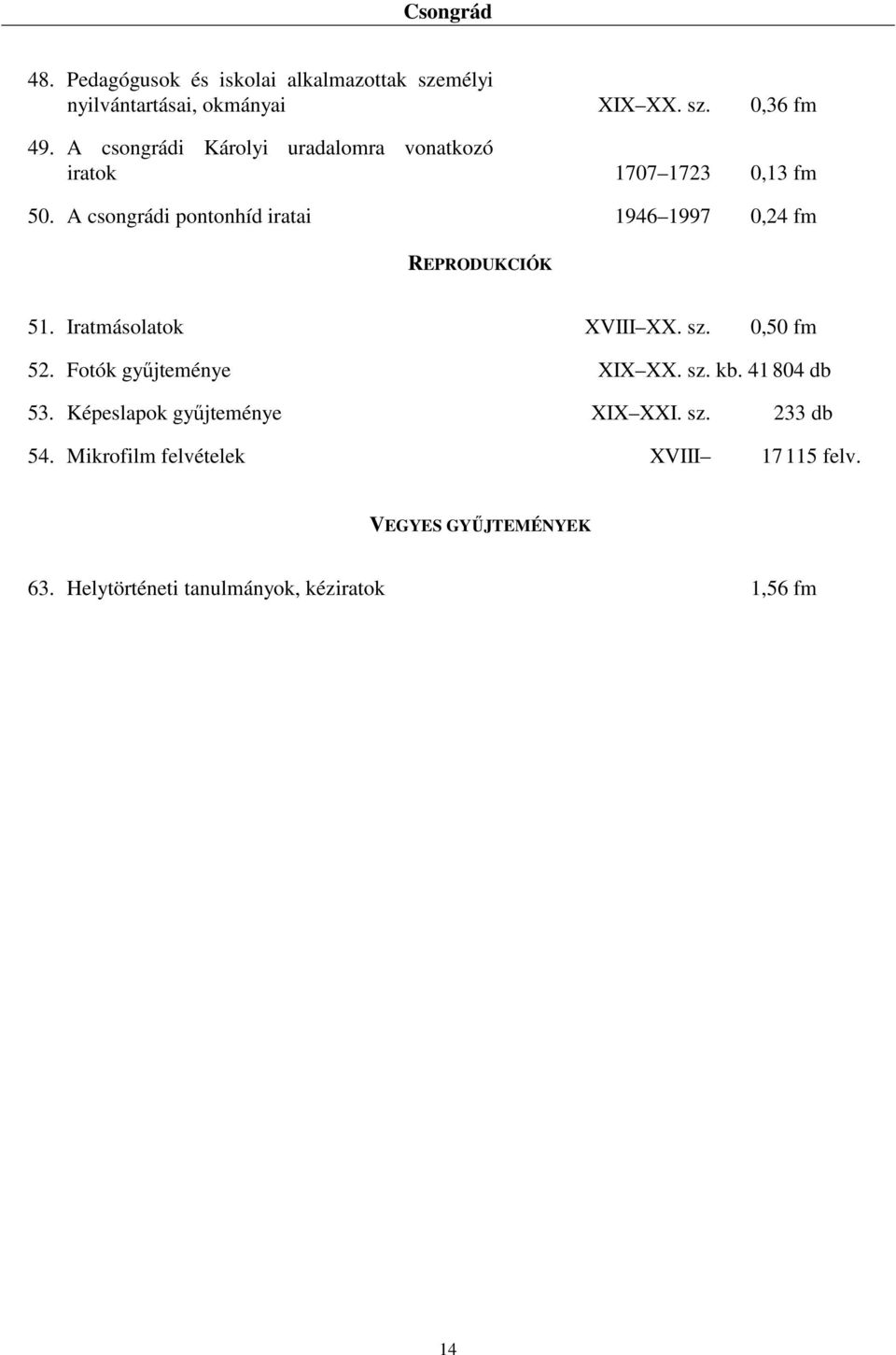A csongrádi pontonhíd iratai 1946 1997 0,24 fm REPRODUKCIÓK 51. Iratmásolatok XVIII XX. sz. 0,50 fm 52.