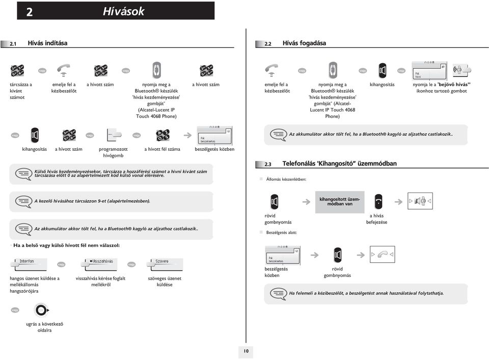 emelje fel a kézibeszélõt nyomja meg a Bluetooth készülék 'hívás kezdeményezése' gombját (Alcatel- Lucent IP Touch 408 Phone) kihangosítás nyomja le a 'bejövõ hívás ikonhoz tartozó gombot