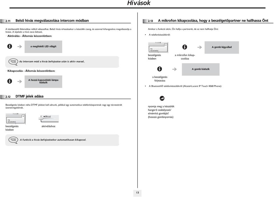 Aktiválás - Állomás készenlétben: Amikor a funkció aktív, Ön hallja a partnerét, de az nem hallhatja Önt: A telefonkészülékrõl: a megfelelõ LED világít Az intercom mód a hívás befejezése után is