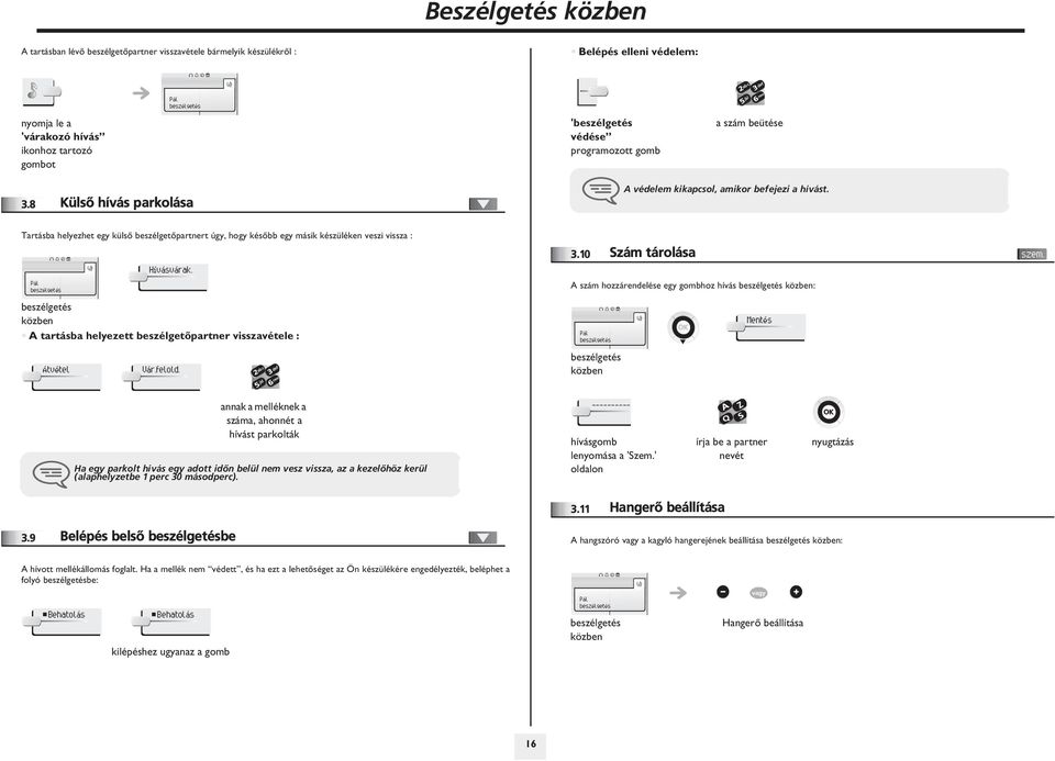 közben A tartásba helyezett beszélgetõpartner visszavétele : Átvétel Vár.felold..10 Szám tárolása A szám hozzárendelése egy gombhoz hívás közben: közben Mentés szem.