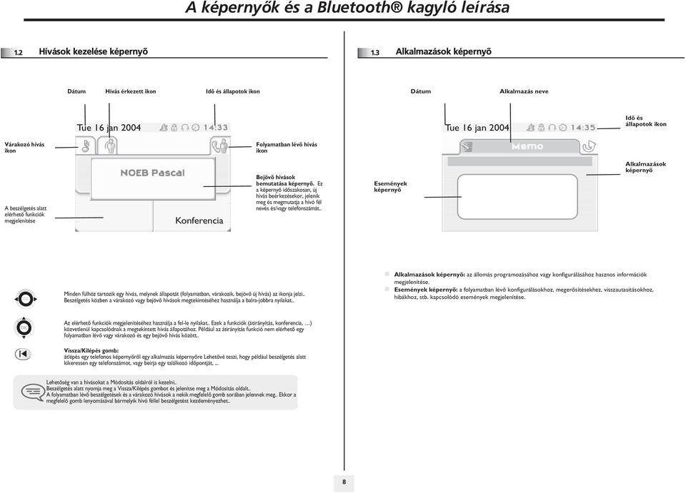 elérhetõ funkciók megjelenítése Konferencia Bejövõ hívások bemutatása képernyõ. Ez a képernyõ idõszakosan, új hívás beérkezésekor, jelenik meg és megmutatja a hívó fél nevés és/ telefonszámát.