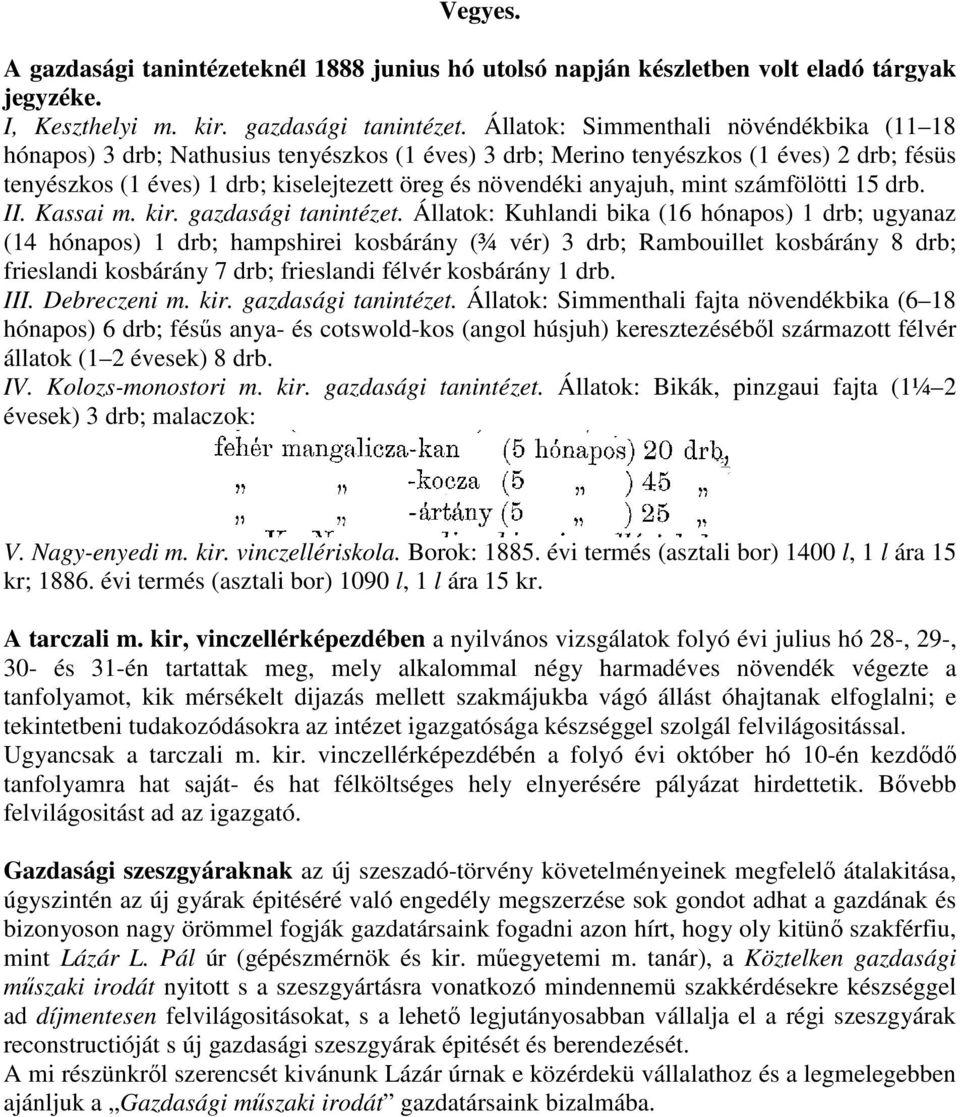 Állatok: Simmenthali növéndékbika (11 18 hónapos) 3 drb; Nathusius tenyészkos (1 éves) 3 drb; Merino tenyészkos (1 éves) 2 drb; fésüs tenyészkos (1 éves) 1 drb; kiselejtezett öreg és növendéki