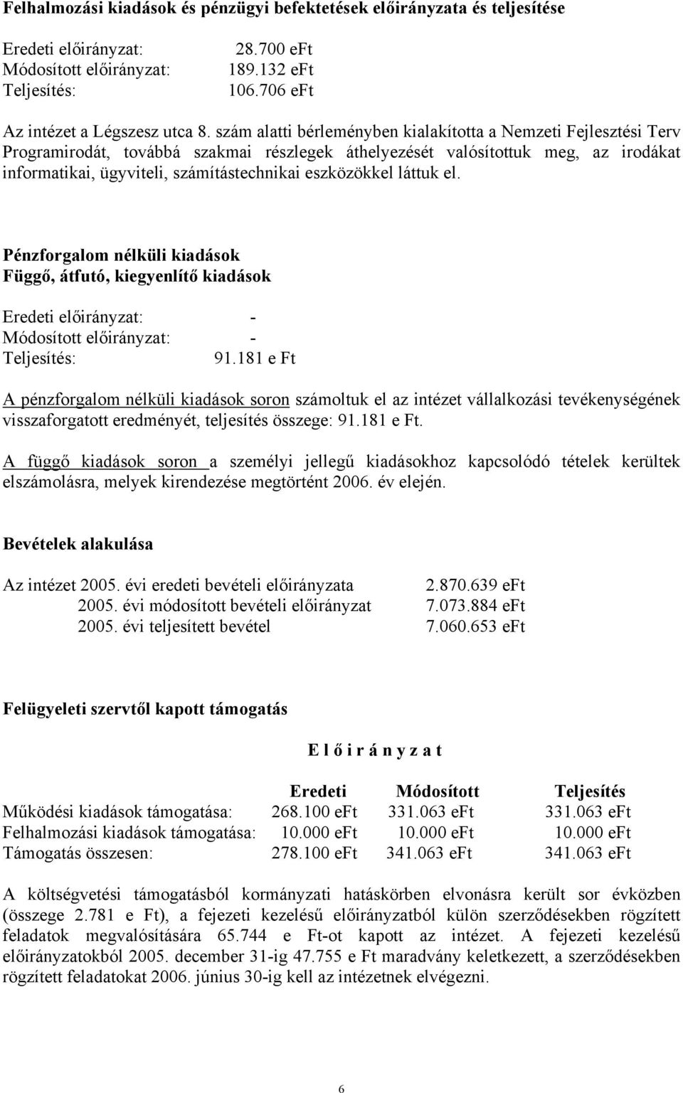 eszközökkel láttuk el. Pénzforgalom nélküli kiadások Függő, átfutó, kiegyenlítő kiadások Eredeti előirányzat: - Módosított előirányzat: - 91.