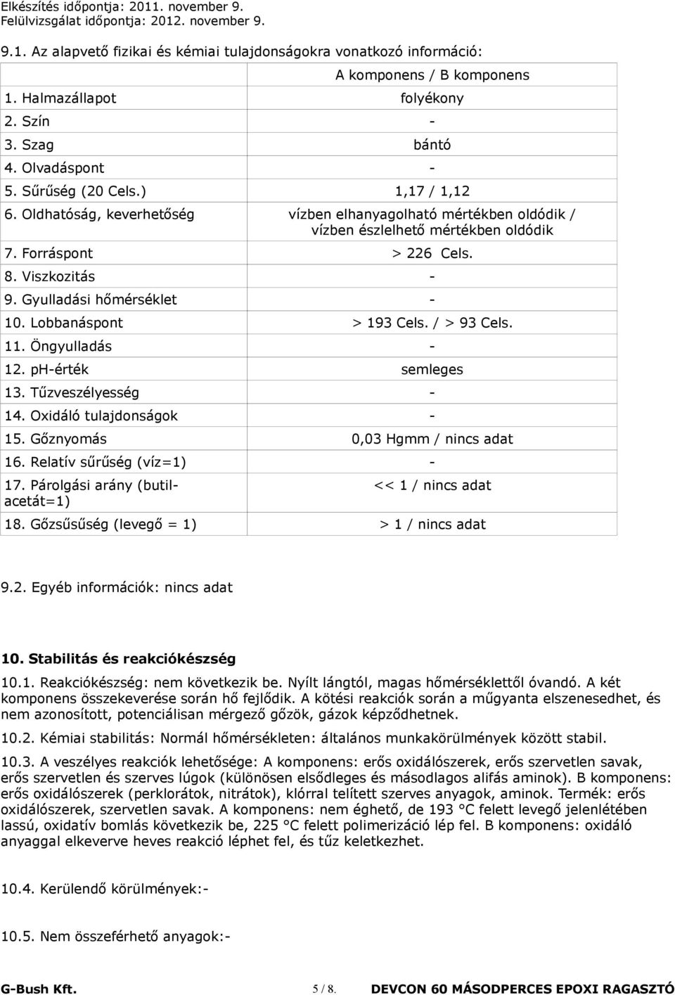 Lobbanáspont > 193 Cels. / > 93 Cels. 11. Öngyulladás - 12. ph-érték semleges 13. Tűzveszélyesség - 14. Oxidáló tulajdonságok - 15. Gőznyomás 0,03 Hgmm / nincs adat 16. Relatív sűrűség (víz=1) - 17.