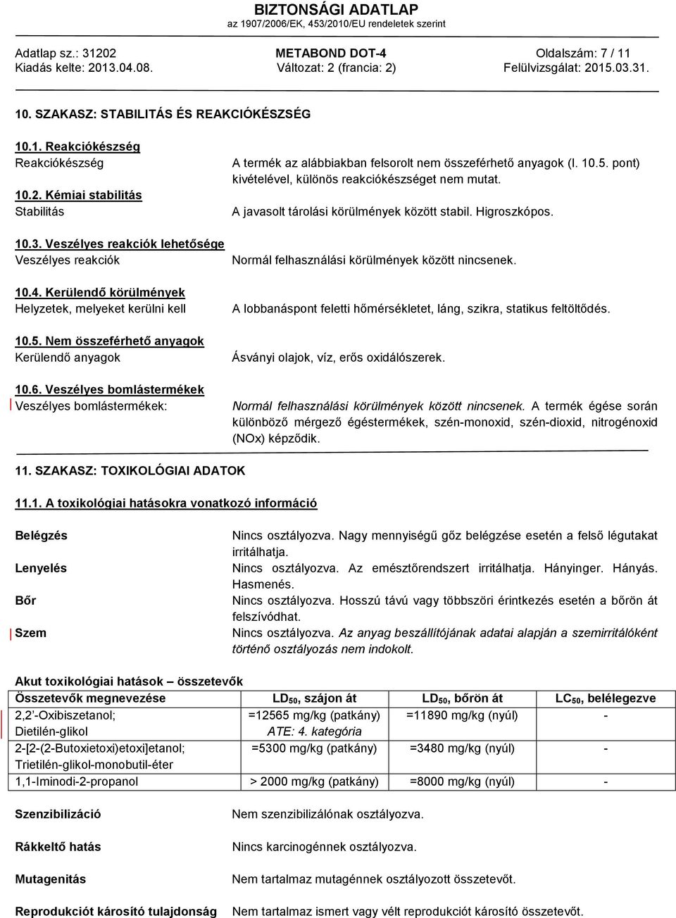 Veszélyes bomlástermékek Veszélyes bomlástermékek: A termék az alábbiakban felsorolt nem összeférhető anyagok (I. 10.5. pont) kivételével, különös reakciókészséget nem mutat.