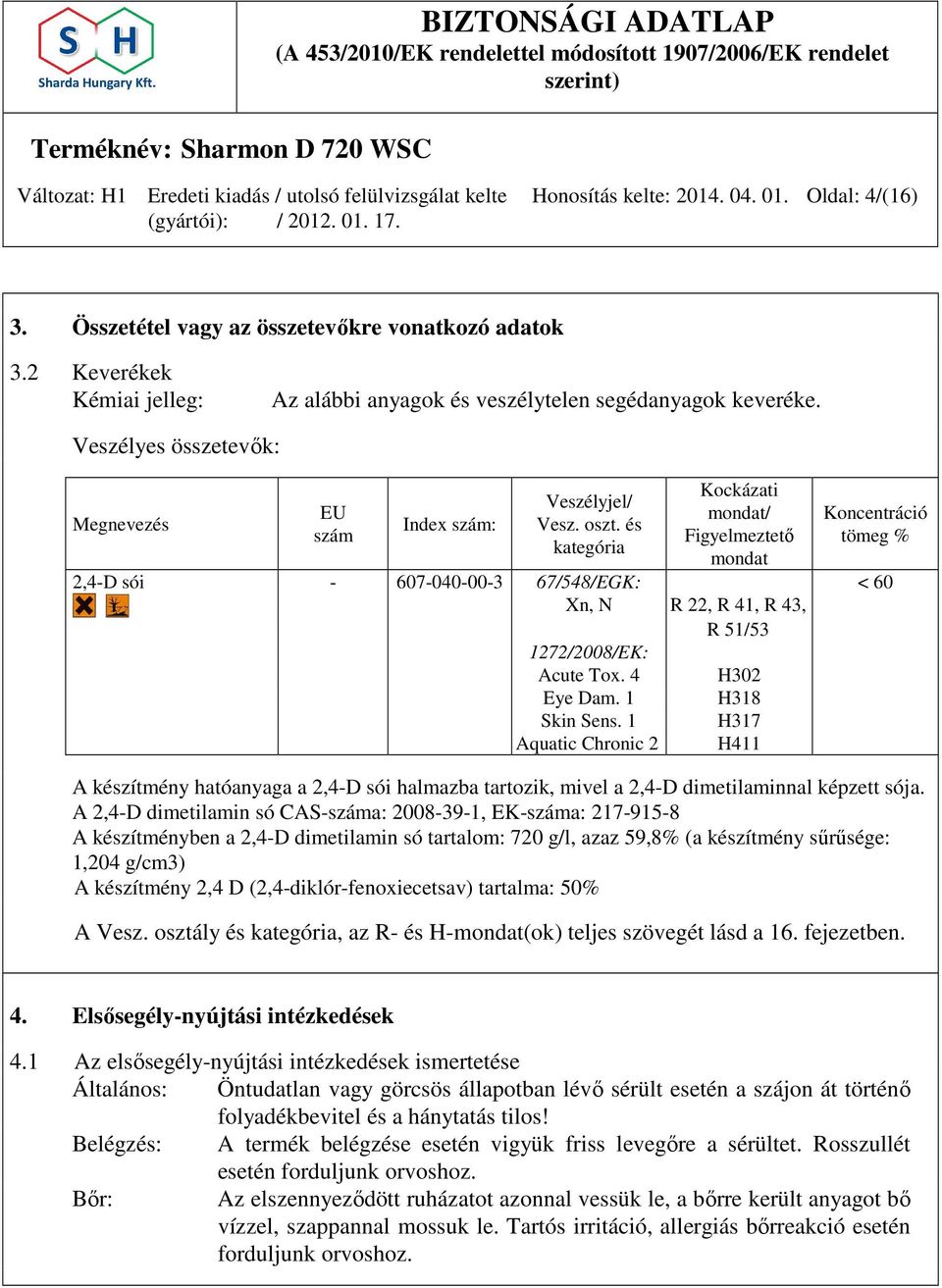 és kategória Kockázati mondat/ Figyelmeztető mondat Koncentráció tömeg % 2,4-D sói - 607-040-00-3 67/548/EGK: < 60 Xn, N R 22, R 41, R 43, R 51/53 1272/2008/EK: Acute Tox. 4 Eye Dam. 1 Skin Sens.