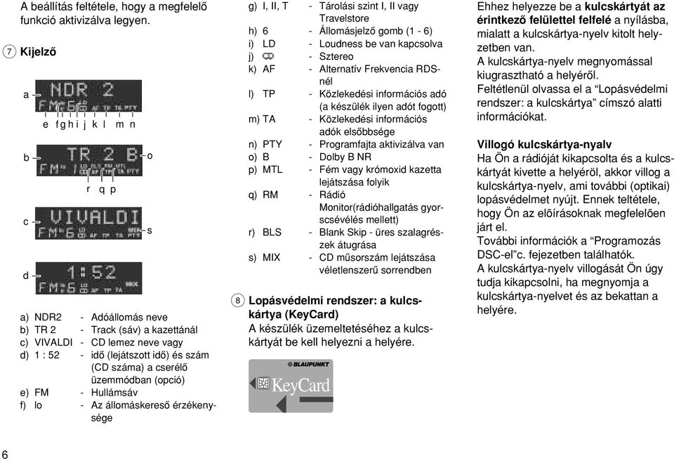 üzemmódban (opció) e) FM - Hullámsáv f) lo - Az állomáskeresœ érzékenysége o s g) I, II, T - Tárolási szint I, II vagy Travelstore h) 6 - Állomásjelzœ gomb (1-6) i) LD - Loudness be van kapcsolva j)