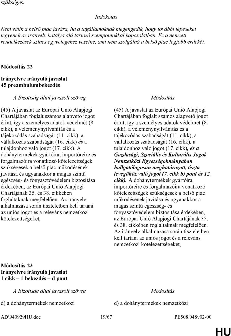 22 45 preambulumbekezdés (45) A javaslat az Európai Unió Alapjogi Chartájában foglalt számos alapvető jogot érint, így a személyes adatok védelmét (8.