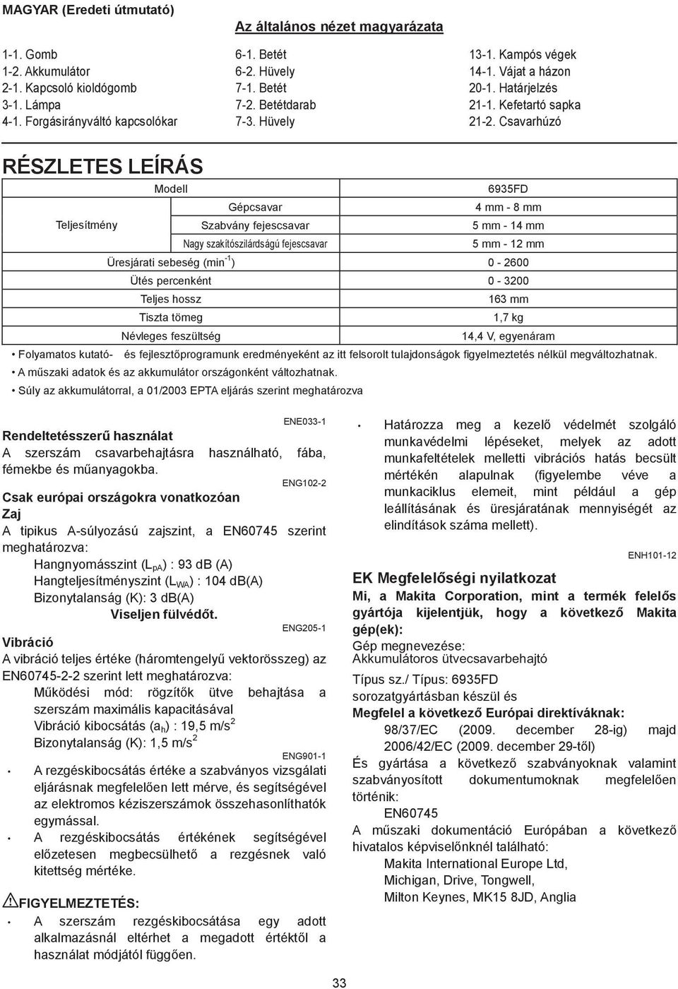 Csavarhúzó RÉSZLETES LEÍRÁS Modell 6935FD Gépcsavar 4 mm - 8 mm Teljesítmény Szabvány fejescsavar 5 mm - 4 mm Nagy szakítószilárdságú fejescsavar 5 mm - 2 mm Üresjárati sebeség (min - ) 0-2600 Ütés