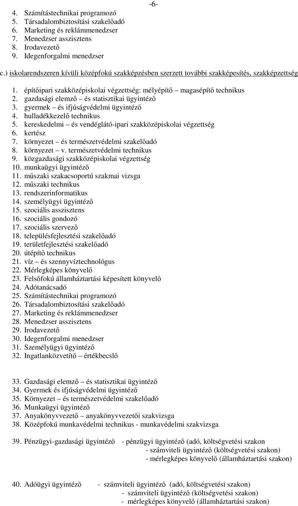 gazdasági elemzı és statisztikai ügyintézı 3. gyermek és ifjúságvédelmi ügyintézı 4. hulladékkezelı technikus 5. kereskedelmi és vendéglátó-ipari szakközépiskolai végzettség 6. kertész 7.