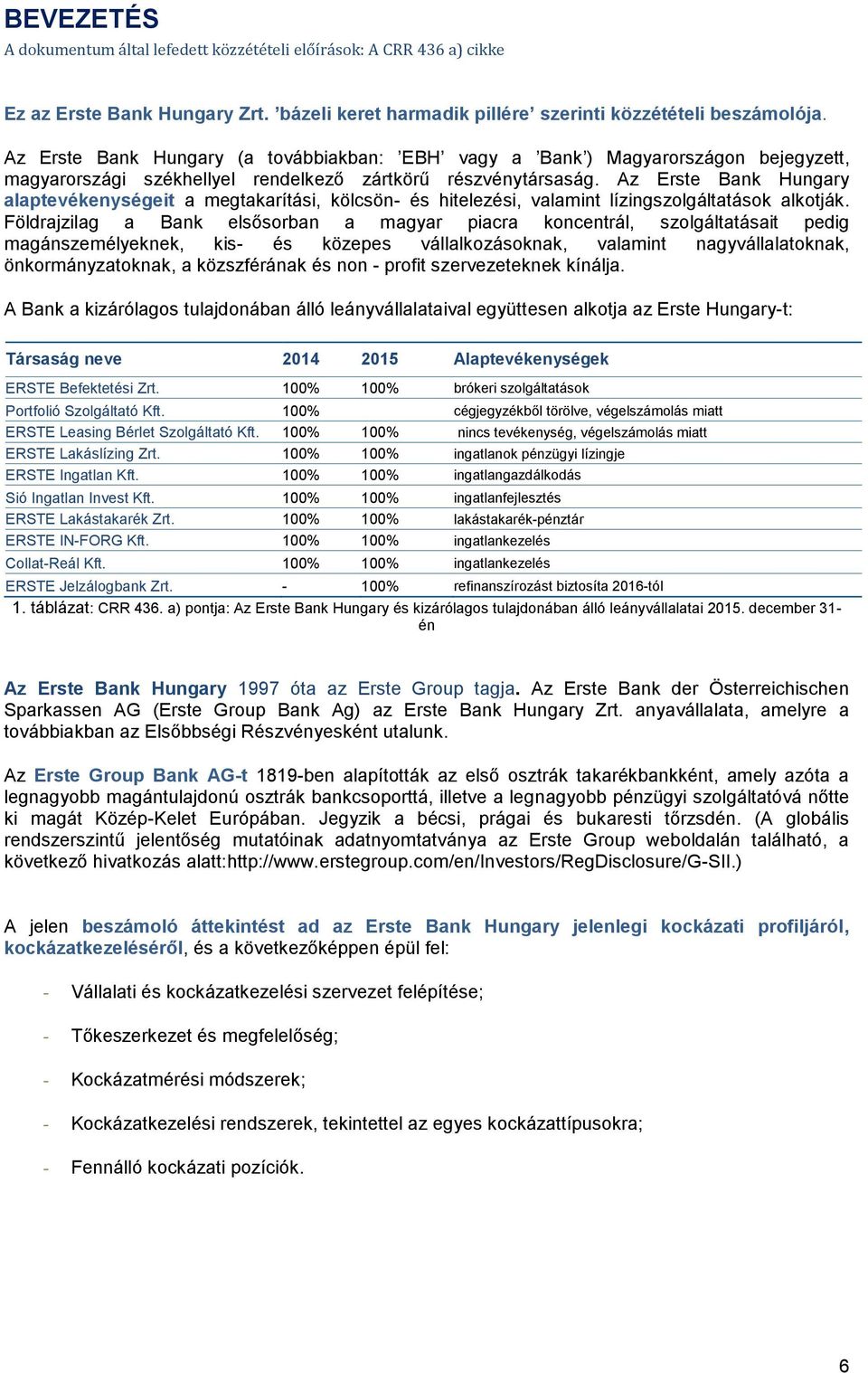 Az Erste Bank Hungary alaptevékenységeit a megtakarítási, kölcsön- és hitelezési, valamint lízingszolgáltatások alkotják.