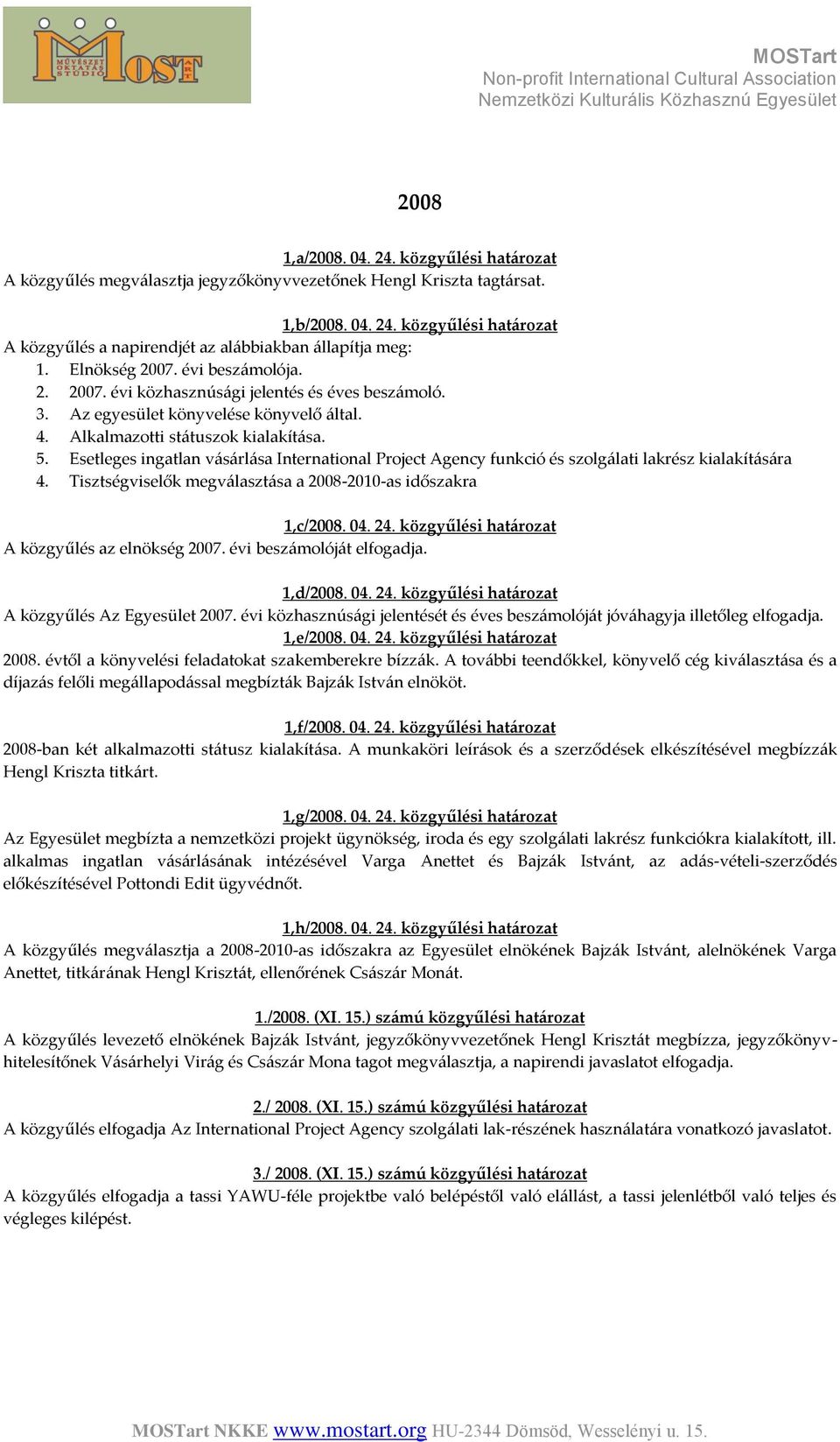 Esetleges ingatlan vásárlása International Project Agency funkció és szolgálati lakrész kialakítására 4. Tisztségviselők megválasztása a 2008-2010-as időszakra 1,c/2008. 04. 24.